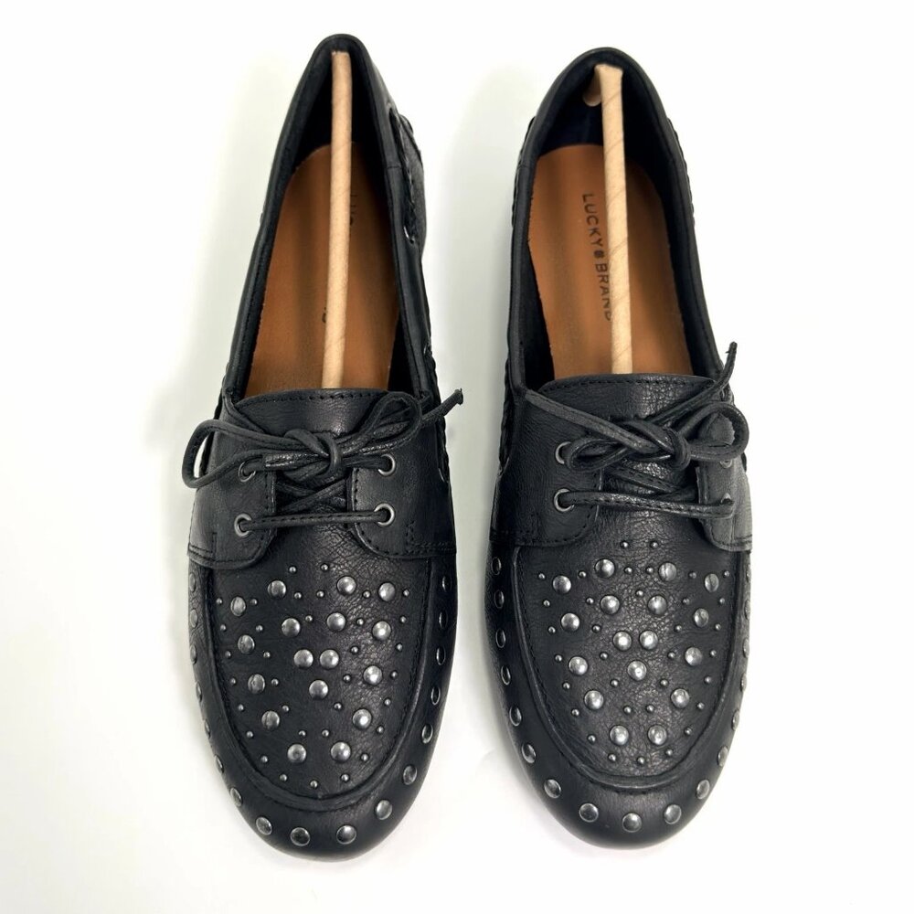 Lucky Brand Women"s Timini Studded Moccasin Boat Shoe Black Loafers Size 9.5